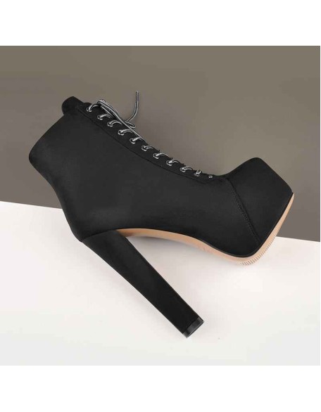 Black Suede Platform Round Toe Lace up Chunky High Heel Ankle Boots
