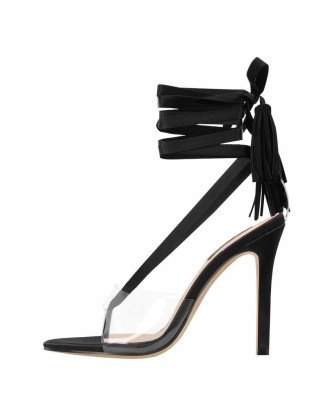 Open Toe Clip-On Strappy Sandals Black Cross Lace-up Stiletto Sandals