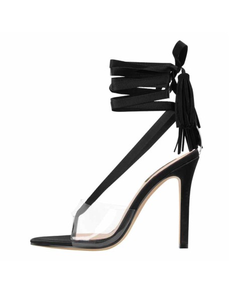 Open Toe Clip-On Strappy Sandals Black Cross Lace-up Stiletto Sandals