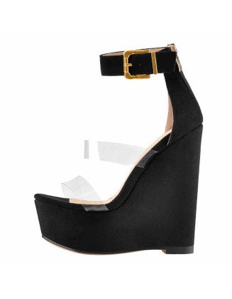 Suede Platform Transparent Strap Ankle Buckle Strap Wedge High Heels Sandals