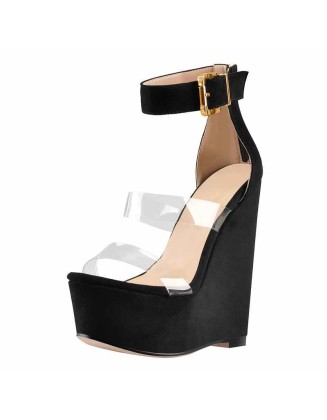 Suede Platform Transparent Strap Ankle Buckle Strap Wedge High Heels Sandals