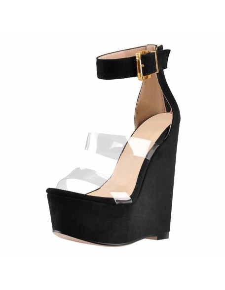 Suede Platform Transparent Strap Ankle Buckle Strap Wedge High Heels Sandals