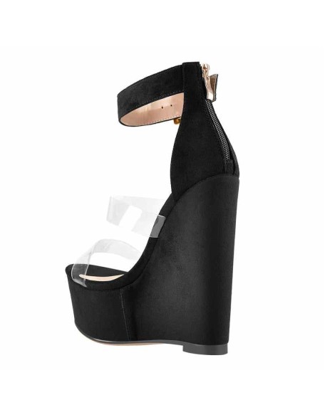 Suede Platform Transparent Strap Ankle Buckle Strap Wedge High Heels Sandals