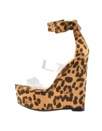 Leopard Suede Platform Transparent Strap Ankle Buckle Strap Wedge High Heels Sandals