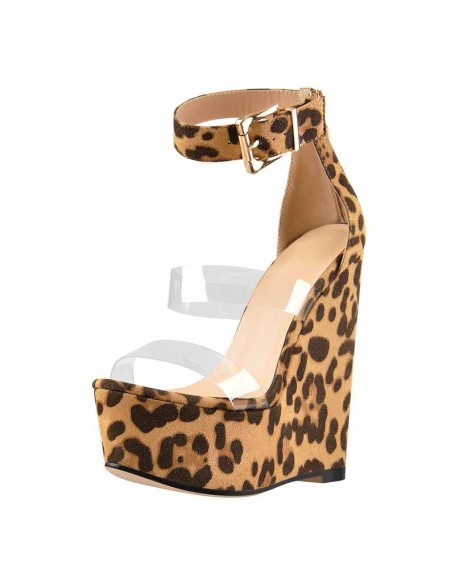 Leopard Suede Platform Transparent Strap Ankle Buckle Strap Wedge High Heels Sandals