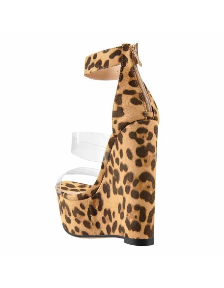 Leopard Suede Platform Transparent Strap Ankle Buckle Strap Wedge High Heels Sandals