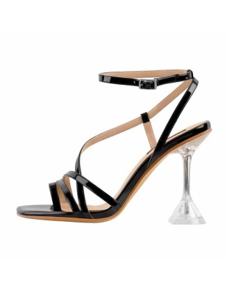 Open Toe Clip-On Cross Strap Ankle Buckle Strap Transparent Tapered Heel Sandals