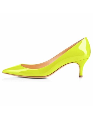 Yellow Patent Leather Pointed Toe Slip On Pumps