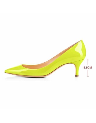 Yellow Patent Leather Pointed Toe Slip On Pumps