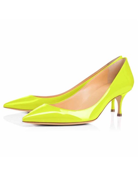 Yellow Patent Leather Pointed Toe Slip On Pumps