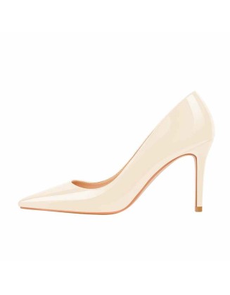 8cm Heel Patent Leather Beige Pointed Toe High Heel Pumps