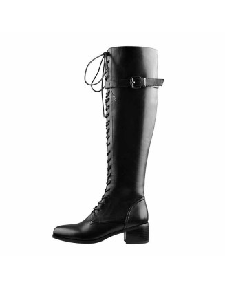 Round Toe Lace Up Sturdy Heel Side Zipper Knee High Boots