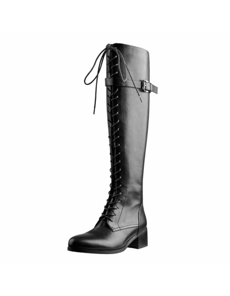 Round Toe Lace Up Sturdy Heel Side Zipper Knee High Boots