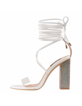 Rhinestone Chunky High Heel White Lace up Sandals
