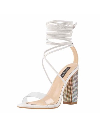 Rhinestone Chunky High Heel White Lace up Sandals