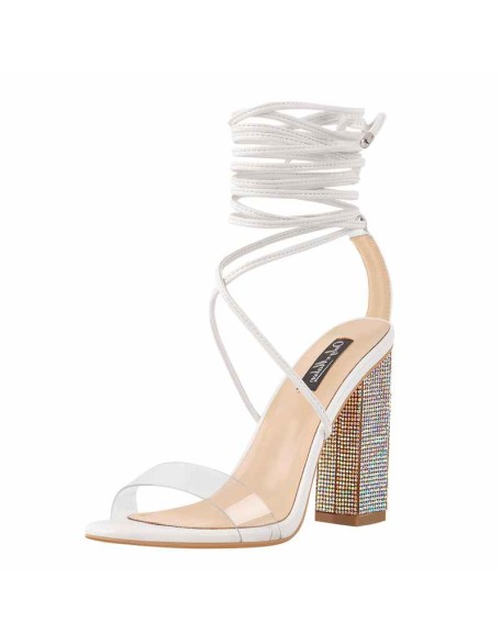 Rhinestone Chunky High Heel White Lace up Sandals