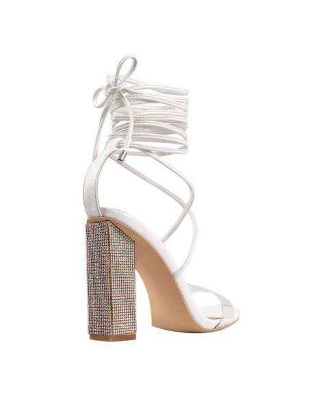 Rhinestone Chunky High Heel White Lace up Sandals