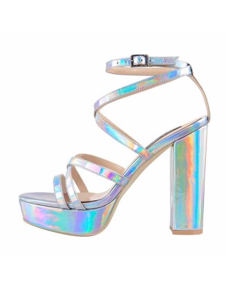 Holographic Open Toe Platform Cross Ankle Strap Chunky Square Heels Sandals