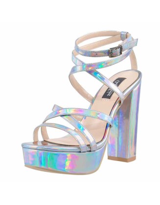 Holographic Open Toe Platform Cross Ankle Strap Chunky Square Heels Sandals