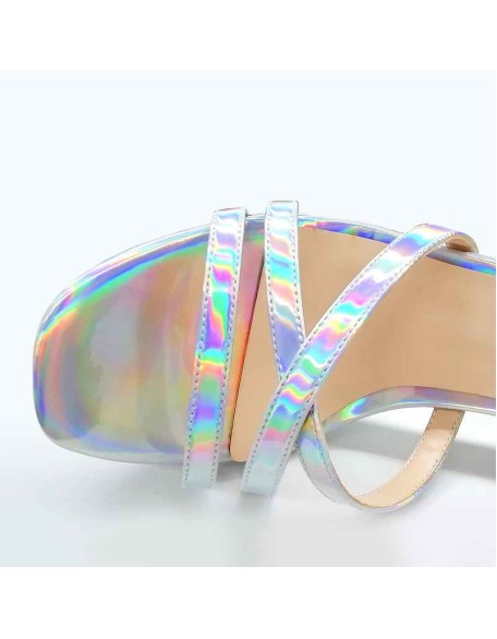Holographic Open Toe Platform Cross Ankle Strap Chunky Square Heels Sandals