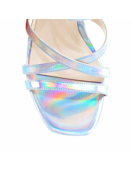 Holographic Open Toe Platform Cross Ankle Strap Chunky Square Heels Sandals