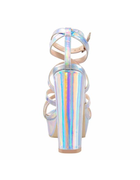 Holographic Open Toe Platform Cross Ankle Strap Chunky Square Heels Sandals