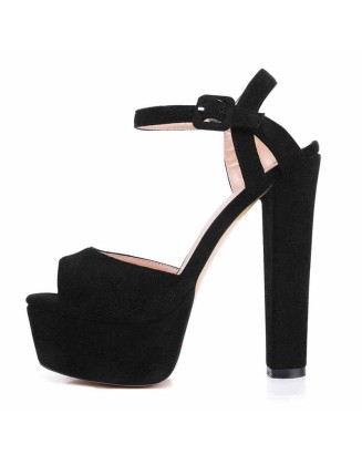 Peep Toe Platform Black Suede Ankle Buckle Chunky High Heel Sandals