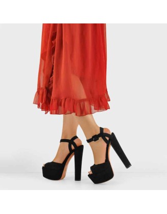 Peep Toe Platform Black Suede Ankle Buckle Chunky High Heel Sandals