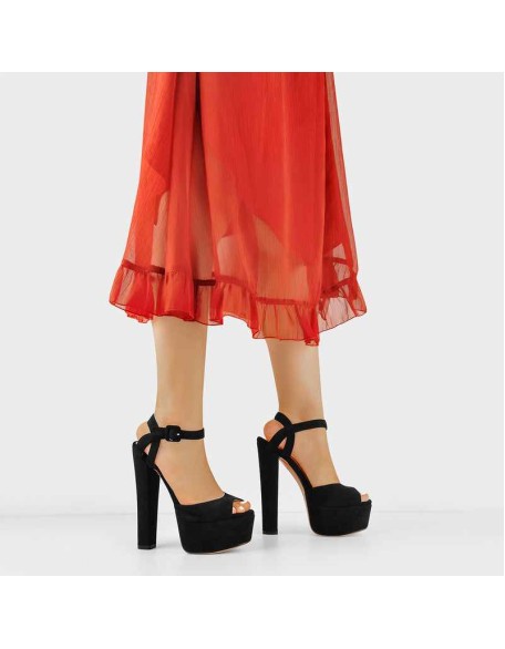 Peep Toe Platform Black Suede Ankle Buckle Chunky High Heel Sandals