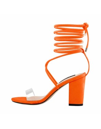 Clear Band Gladiator Chunky High Heel Orange Open Toe Lace Up Strappy Heeled Sandals