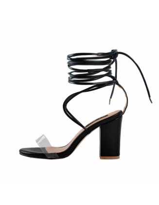 Clear Band Gladiator Chunky High Heel Orange Open Toe Lace Up Strappy Heeled Sandals
