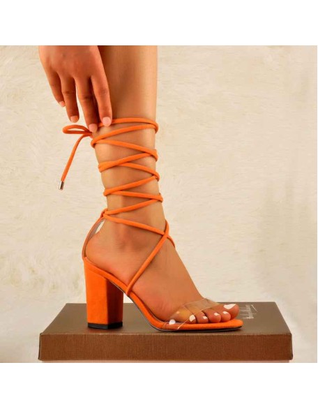 Clear Band Gladiator Chunky High Heel Orange Open Toe Lace Up Strappy Heeled Sandals