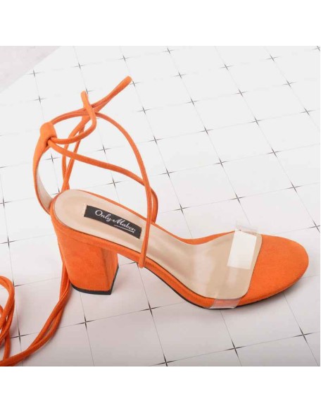 Clear Band Gladiator Chunky High Heel Orange Open Toe Lace Up Strappy Heeled Sandals