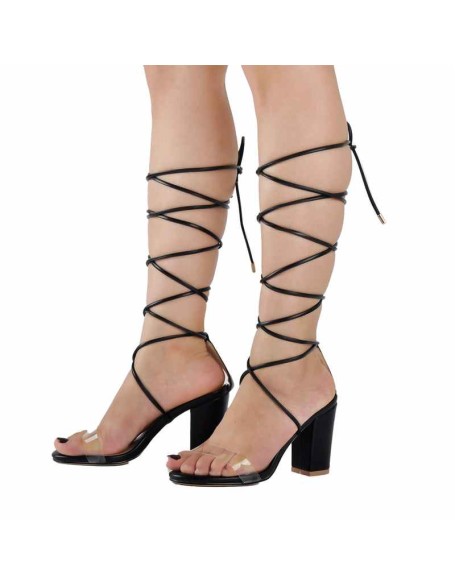 Clear Band Gladiator Chunky High Heel Orange Open Toe Lace Up Strappy Heeled Sandals