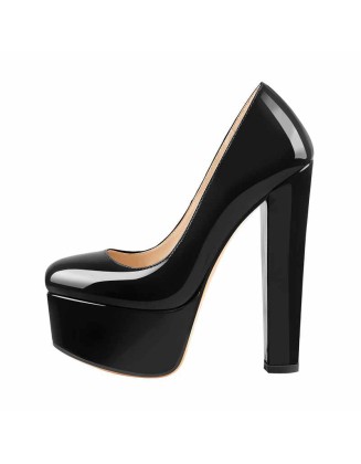 Patent Leather Rounde Toe Platform Black Chunky High Heels Pumps