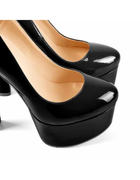Patent Leather Rounde Toe Platform Black Chunky High Heels Pumps
