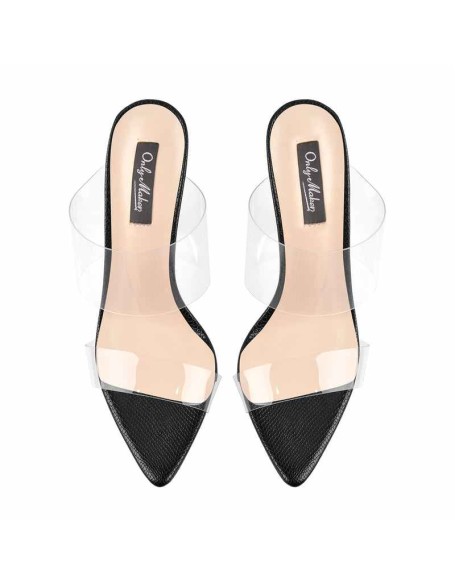 Black Snake Pattern Platform Clear Bands Stiletto High Heels Mules Sandals