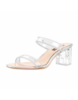 Glitter Clear Band Holographic Slip-On Transparent Perspex Chunky Heels Sandals Mules
