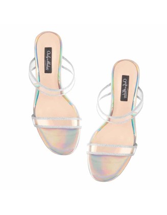 Glitter Clear Band Holographic Slip-On Transparent Perspex Chunky Heels Sandals Mules