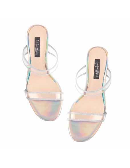 Glitter Clear Band Holographic Slip-On Transparent Perspex Chunky Heels Sandals Mules