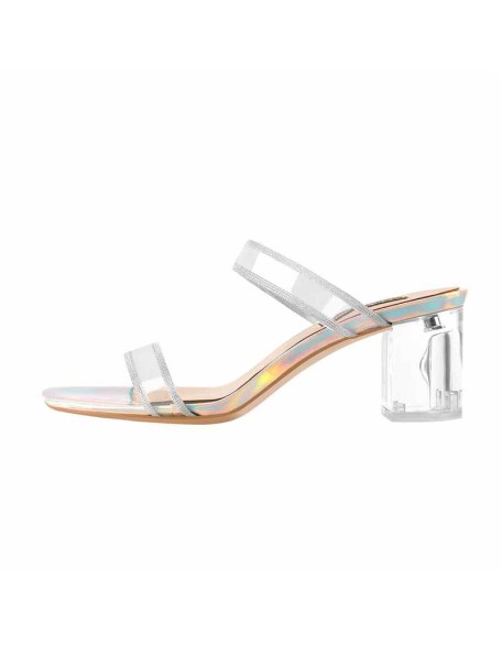 Glitter Clear Band Holographic Slip-On Transparent Perspex Chunky Heels Sandals Mules