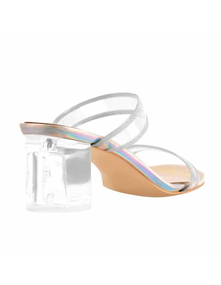 Glitter Clear Band Holographic Slip-On Transparent Perspex Chunky Heels Sandals Mules