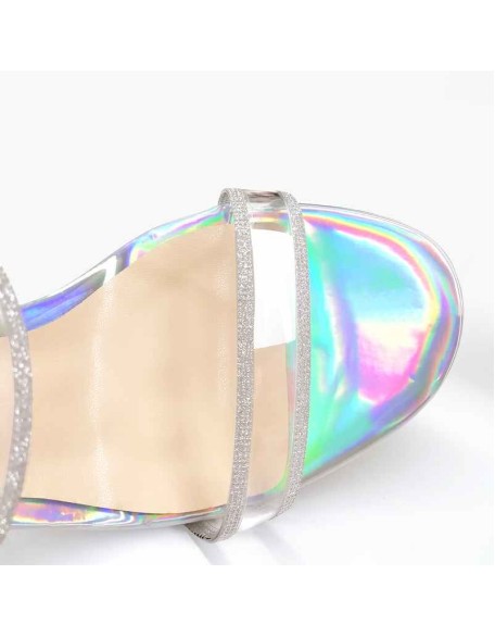 Glitter Clear Band Holographic Slip-On Transparent Perspex Chunky Heels Sandals Mules