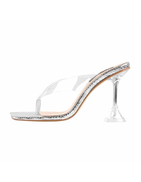 Snake Print Square Toe Transparent Tapered High Heel Thong Sandals