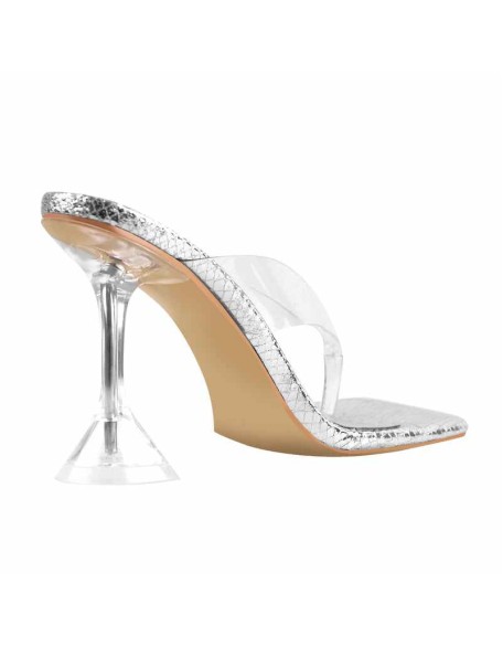Snake Print Square Toe Transparent Tapered High Heel Thong Sandals