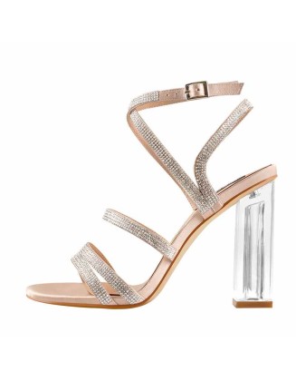 Rhinestones Ankle Strap Buckle Block Transparent Clear Chunky Slingback High Heel Sandals