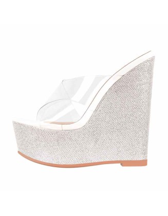 Platform Criss Cross Transparent Strap Slip On Glitter High Heels Wedge Sandals Mules