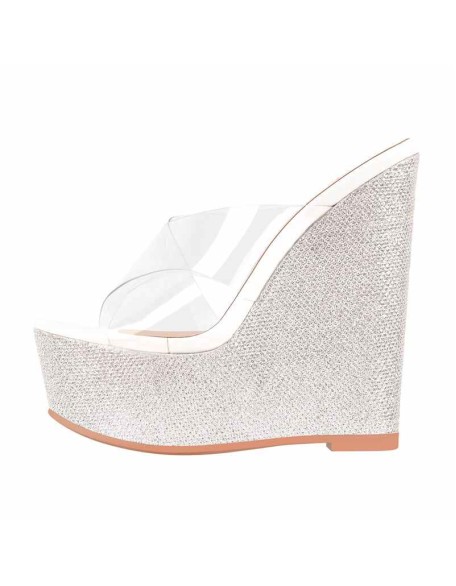 Platform Criss Cross Transparent Strap Slip On Glitter High Heels Wedge Sandals Mules