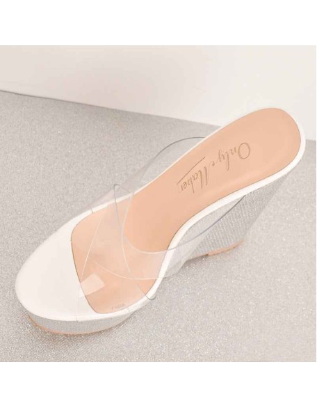 Platform Criss Cross Transparent Strap Slip On Glitter High Heels Wedge Sandals Mules