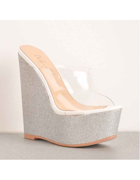 Platform Criss Cross Transparent Strap Slip On Glitter High Heels Wedge Sandals Mules